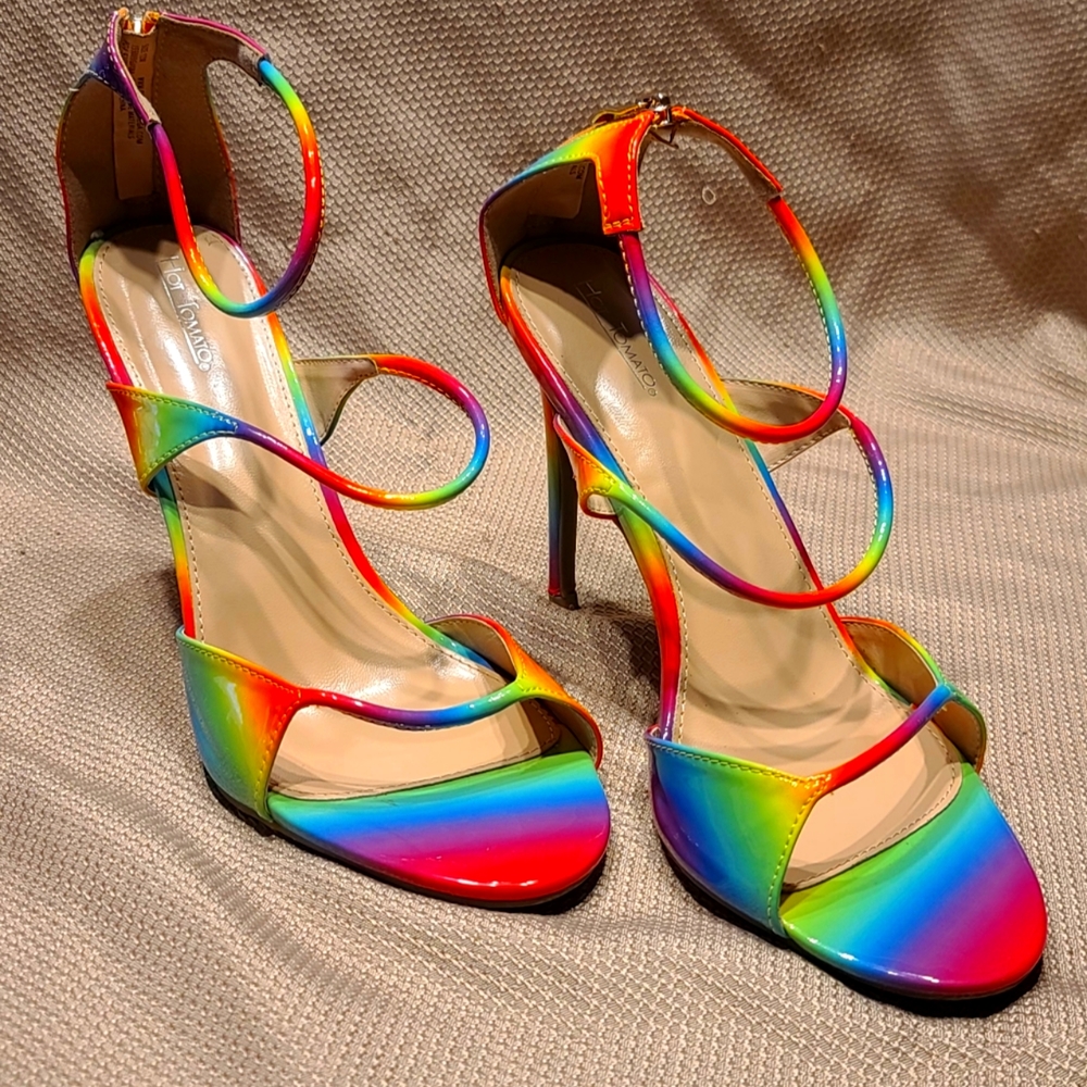 Hot Tomato Rainbow Multicolor Strappy Stiletto Heels